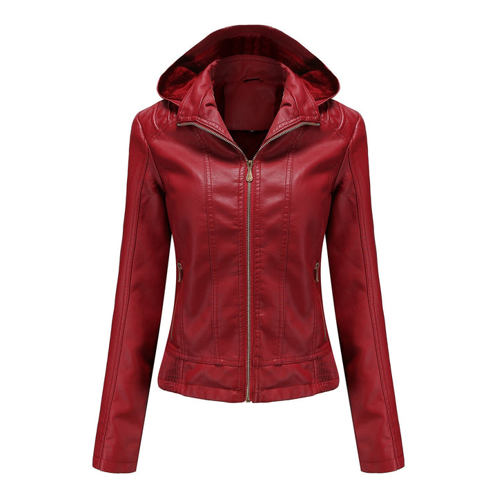 Fall Winter Hooded Leather Coat Women's Detachable Hat Long Sleeve Zipper Fleece-Lined Leather Jacket Slim Coat