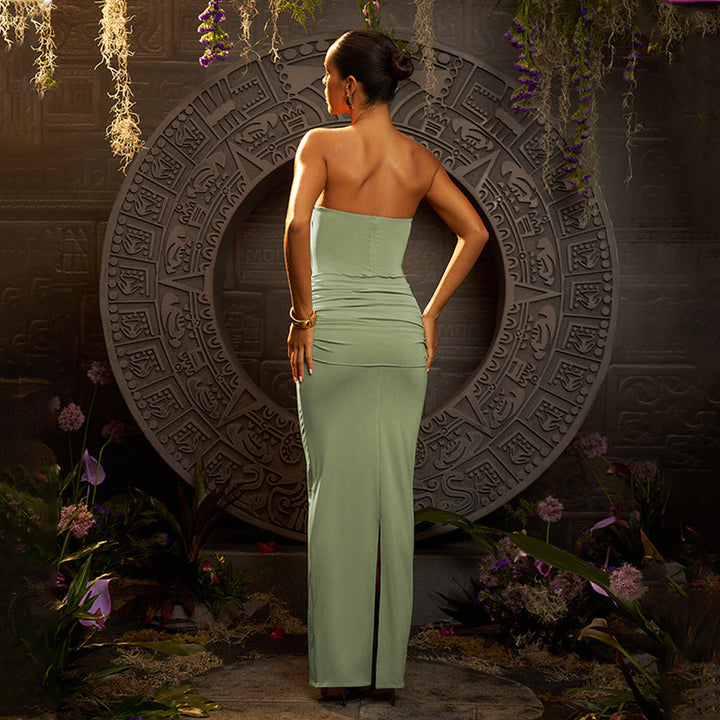 Summer Sexy Package Hip Maxi Dress Sexy Tube Top Solid Color Pleated Dress