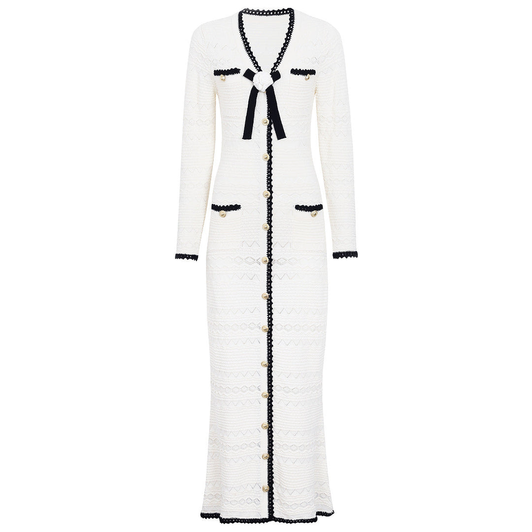 Spring Autumn Fashionable Knitted V neck Floral Slim Fit Slimming Long Sleeves Dress Women