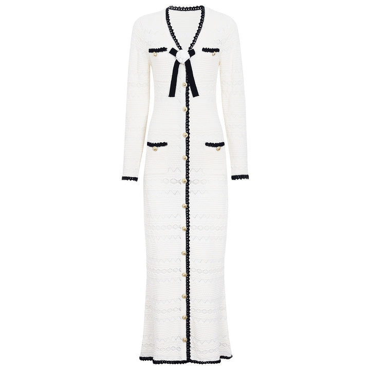 Spring Autumn Fashionable Knitted V neck Floral Slim Fit Slimming Long Sleeves Dress Women