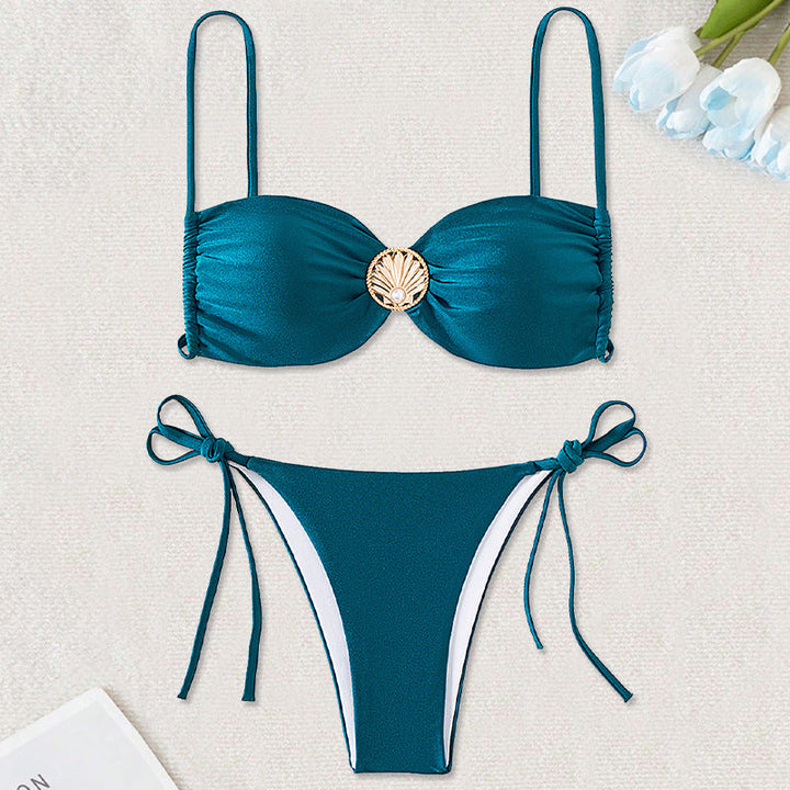 Bikini Swimsuit Women Solid Color Sexy Biniki Backless Lace up Moon Star Thin Swimsuit