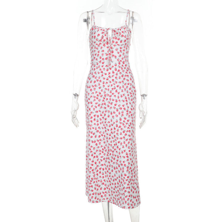 Polka Dot Printed Floral Strap Dress Women Summer French Sexy Backless Dress