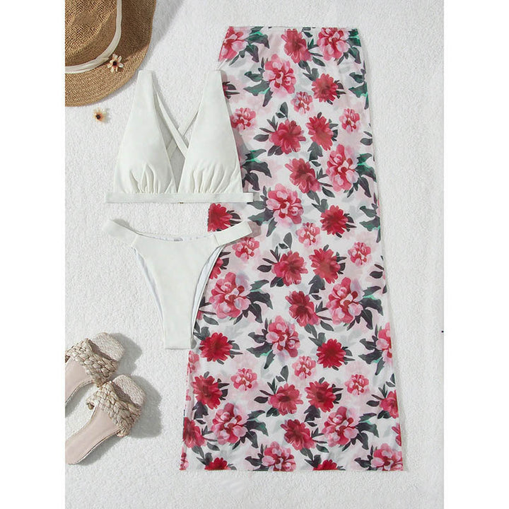 Printed Beach Skirt Swimsuit Three Piece Sets Women Holiday Spring Bikini Swimsuit