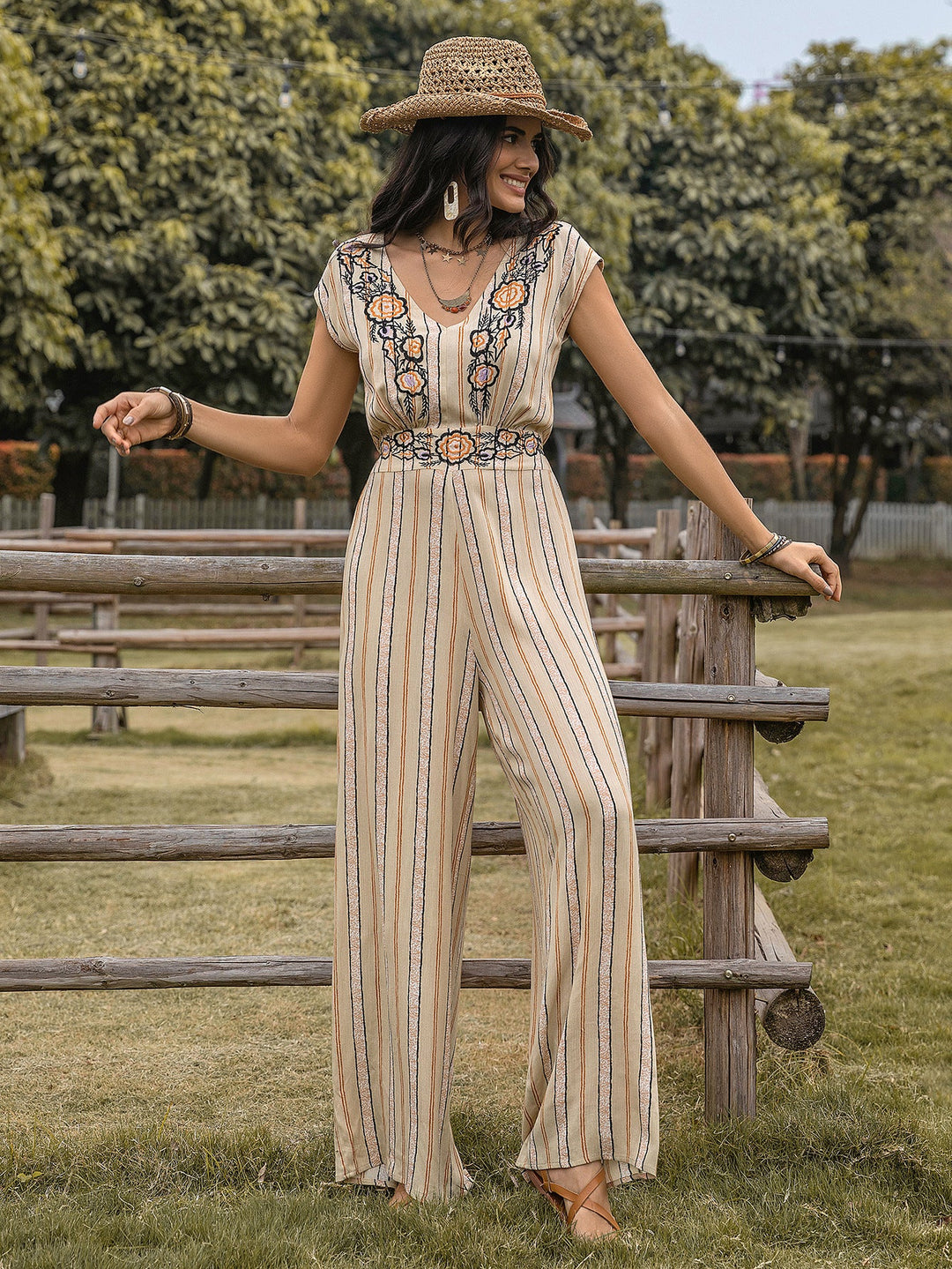 Vertical Stripes Printed V Neck Waist Slimming High Elegant Retro Casual Women Jumpsuit