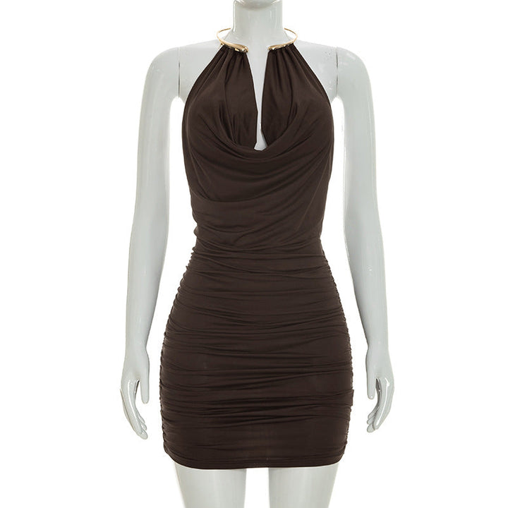 Women Clothing Summer Sleeveless Eyelet Halter Swing Collar Tight Dress