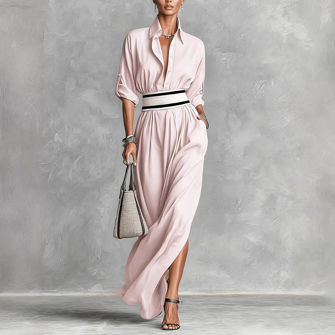 Women Clothing Draping Effect High Slit Maxi Dress Lapels Single Breasted Long Sleeve Dress