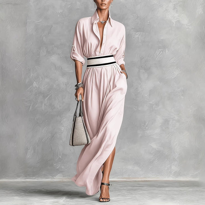 Women Clothing Draping Effect High Slit Maxi Dress Lapels Single Breasted Long Sleeve Dress