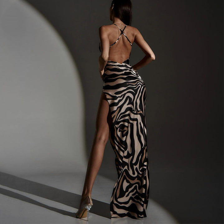 Summer Tiger Pattern Bare Back Mesh Splicing Sling Dress High Slit Beach Vacation Dress