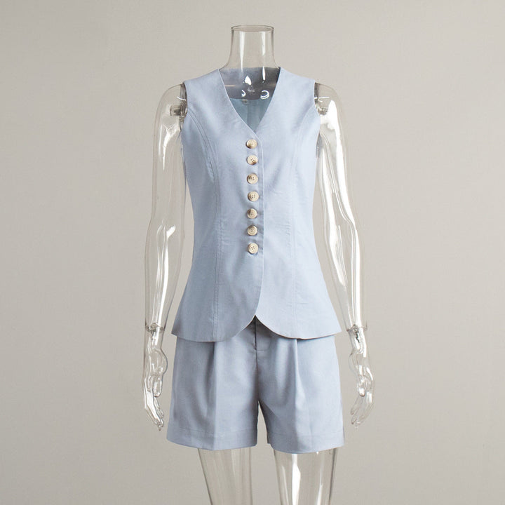 Cotton Linen Vest Shorts Set Summer Office Vest Shorts Set Casual Women