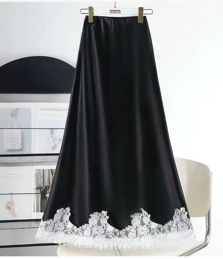 Western Lace Stitching Silk Skirt Spring Draping Glossy A line Midi Skirt Women