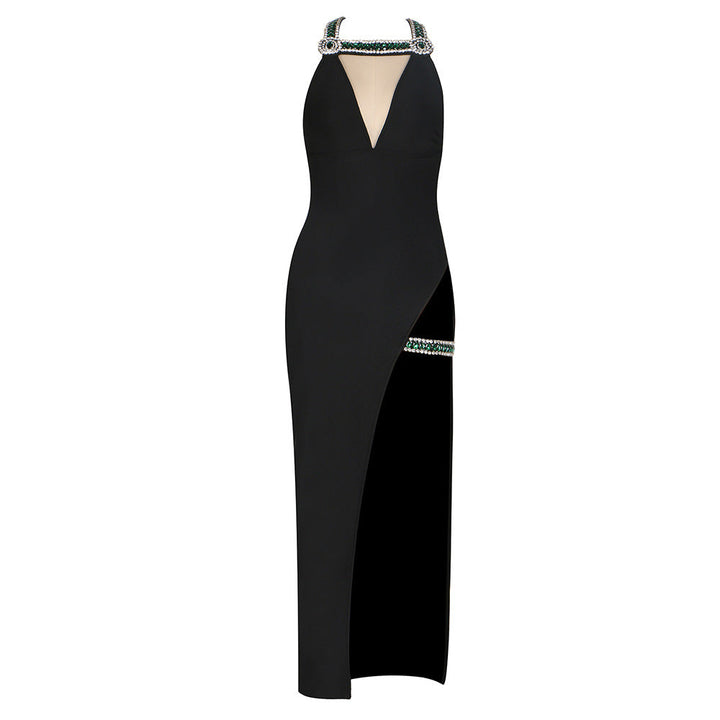 Summer Elegant Rhinestone Halter Dress Sexy Sleeveless Side Slit Dress
