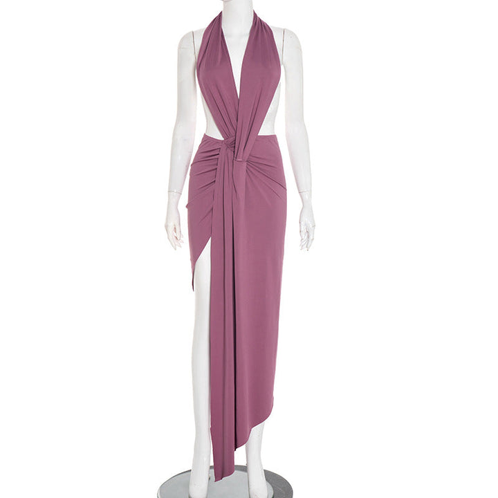 Women Sexy Slim Fit Halter Backless Sleeveless Pleated Elegant Maxi Dress