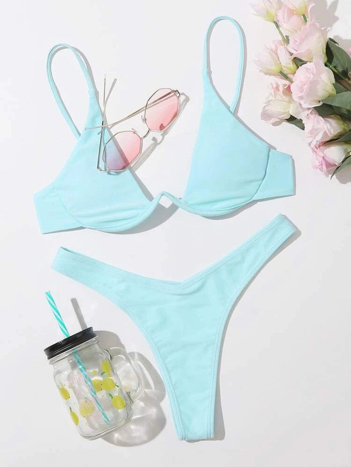 Sexy Bikini Split Gathering Steel Bracket Solid Color Swimsuit Women