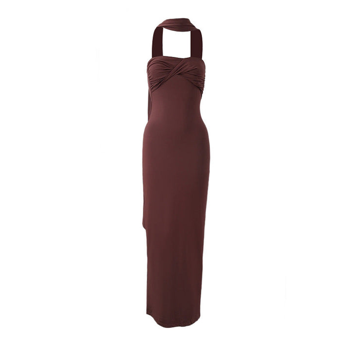 Women Summer Halter Ribbon Twist Woven Wrapped Chest Backless Slim Fit Niche Maxi Dress