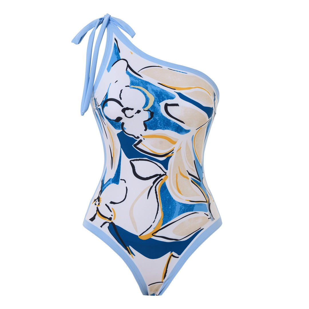Sexy Swimsuit Women Siamese Triangle Shoulder Polyester Printed Lace up Swimsuit