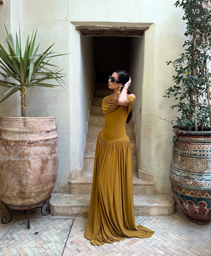 Spring Summer Light Luxury off Shoulder Waist Slimming A line Elegant High Grade Dress