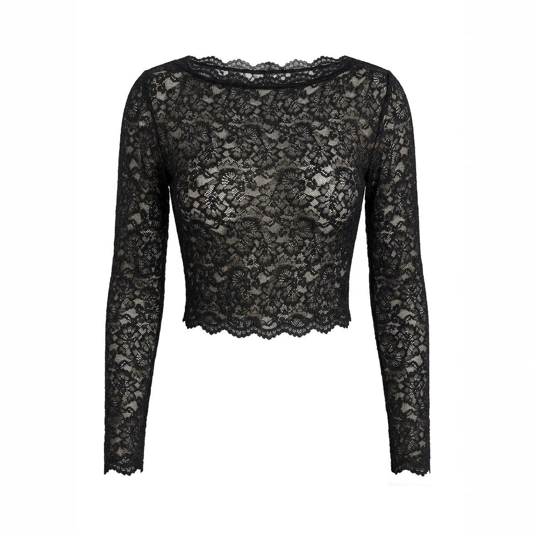 Women Lace Long Sleeved Top Sexy Mesh See through Slim Bottoming Shirt