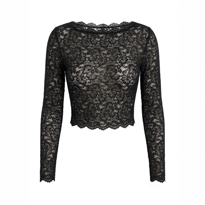 Women Lace Long Sleeved Top Sexy Mesh See through Slim Bottoming Shirt