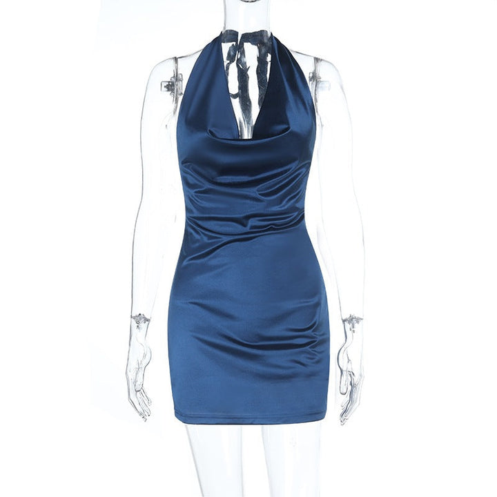 Spring Summer Short Sexy Halter Pockets Collar Sexy Sleeveless Sheath Dress