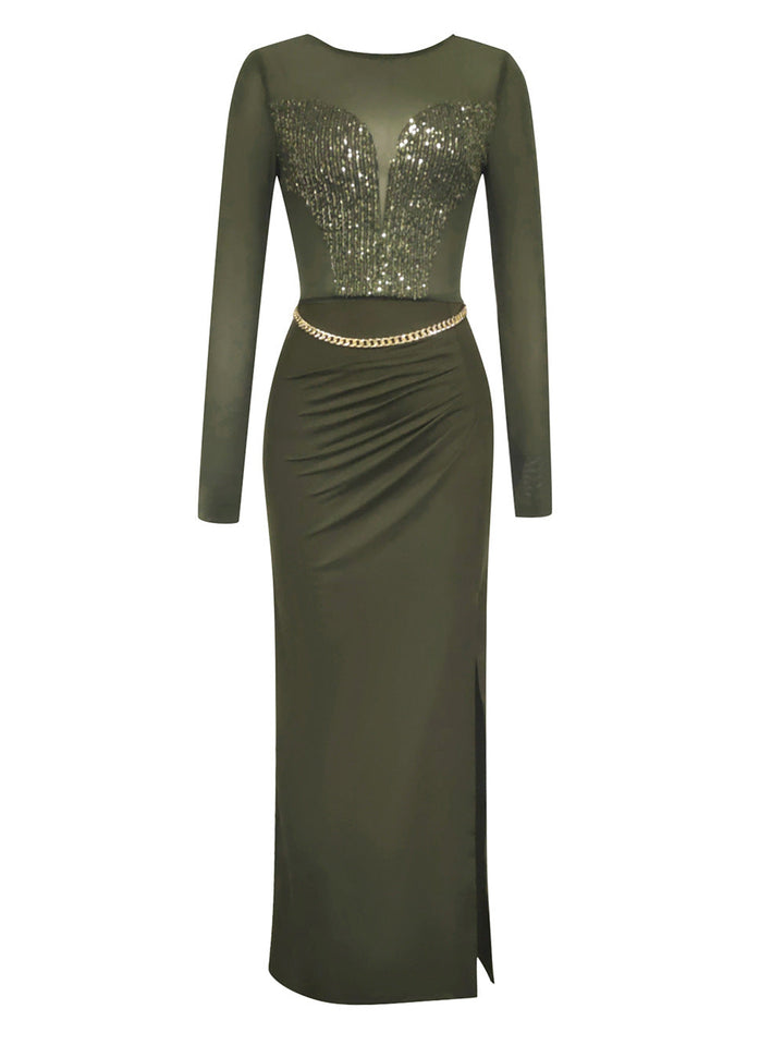 Simple Sexy Long Sleeve Mesh Sequ Side Slit Slim Dinner Wine