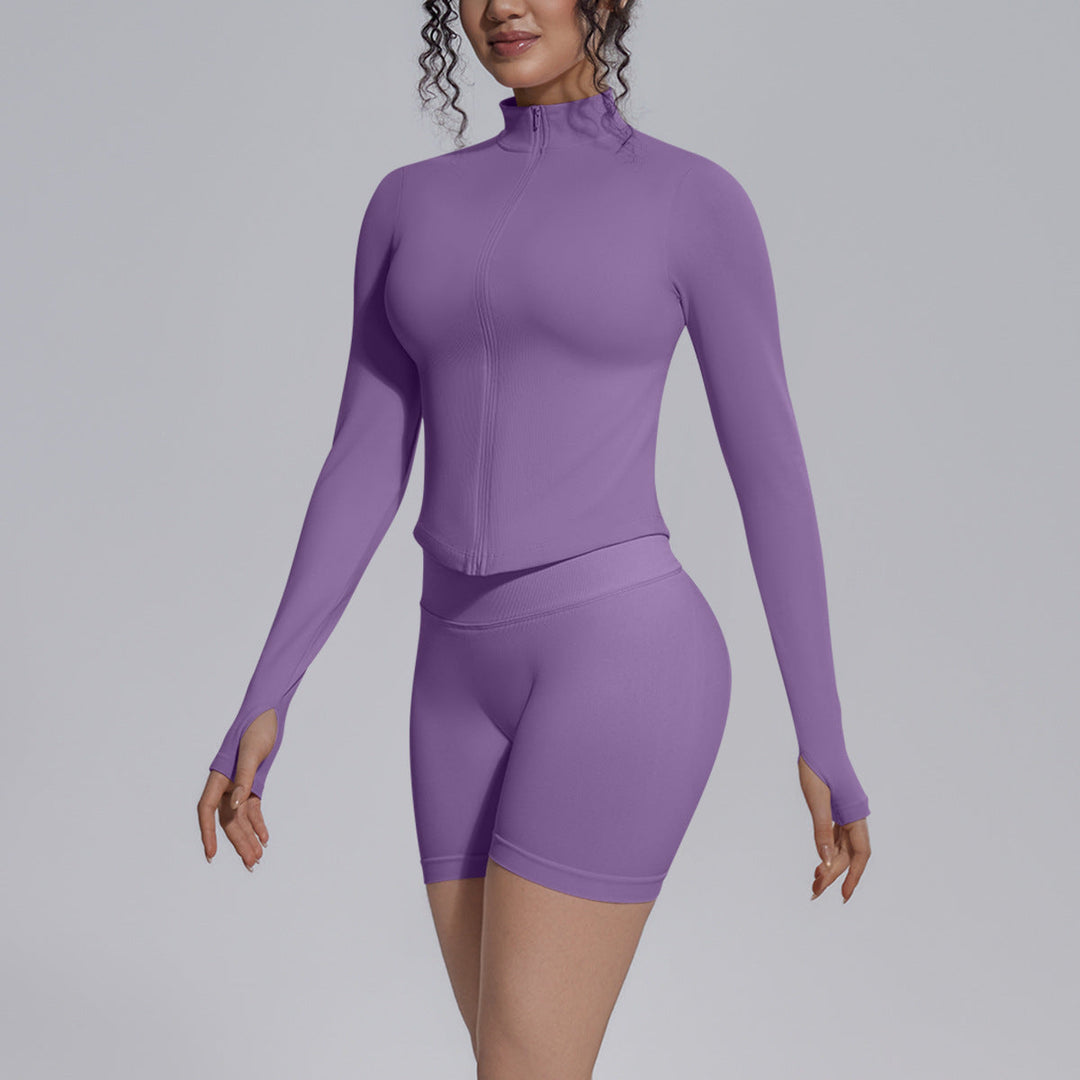 Seamless Knitted Long Sleeve Zipper Yoga Jacket Tight V Waist Yoga Shorts Fitness Yoga Wear Set for Women