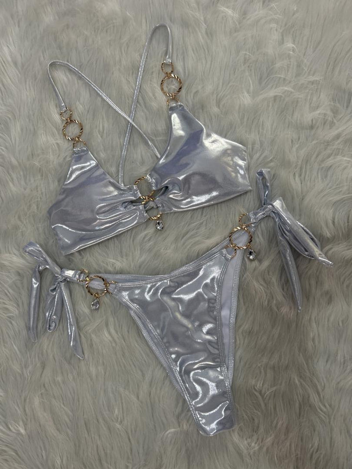 Metal Ring Hanging Diamond Bikini Sexy Cutout Lace up Split Swimsuit Vacation Swimsuit Women