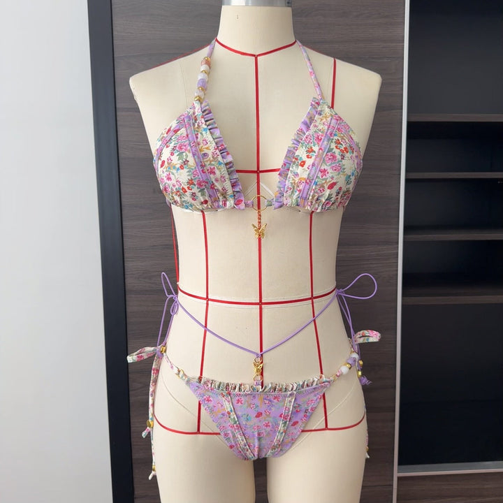 Multicolor Printing Bikini Butterfly Sexy Lace up Split Swimsuit Women Wear Beads Accessories