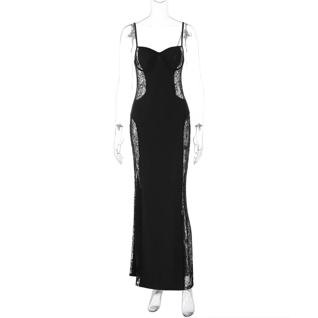 Stitching Lace Hollow Out Cutout out Cinched Slim Sexy Hip Spaghetti Straps Dress Women