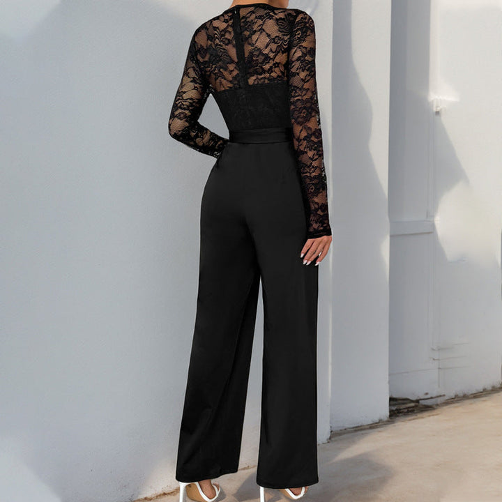 Autumn Jumpsuit Lace Stitching Zipper Lace Up Solid Color Jumpsuit