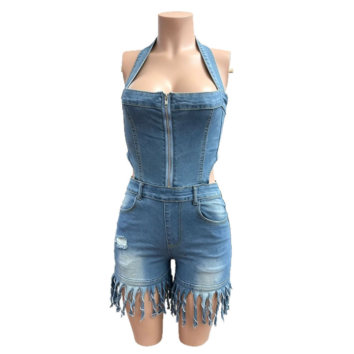 Women Clothing Arrival Denim Women Wear Slim Fit Burrs Tassel Denim Jumpsuit