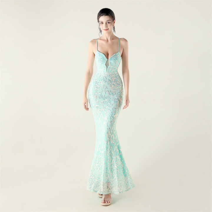 Beaded Embroidery Sequined Waist Trimming Lace up Deep V Plunge Heart Strap Evening Dress Cocktail Party