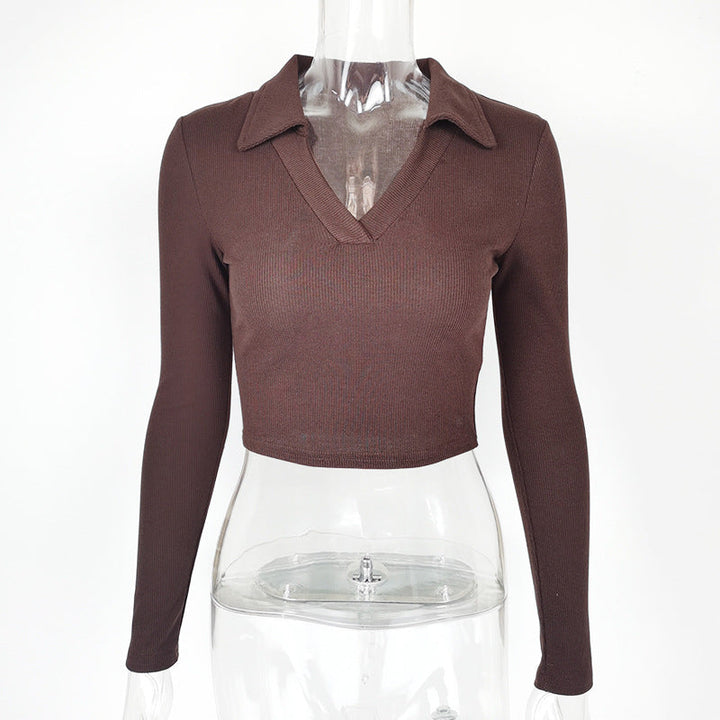 Retro Sexy Polo Collar Deep V Plunge Top Fall Women Clothing Crop Top Tight Fitting Thread Knitted Long Sleeve T shirt