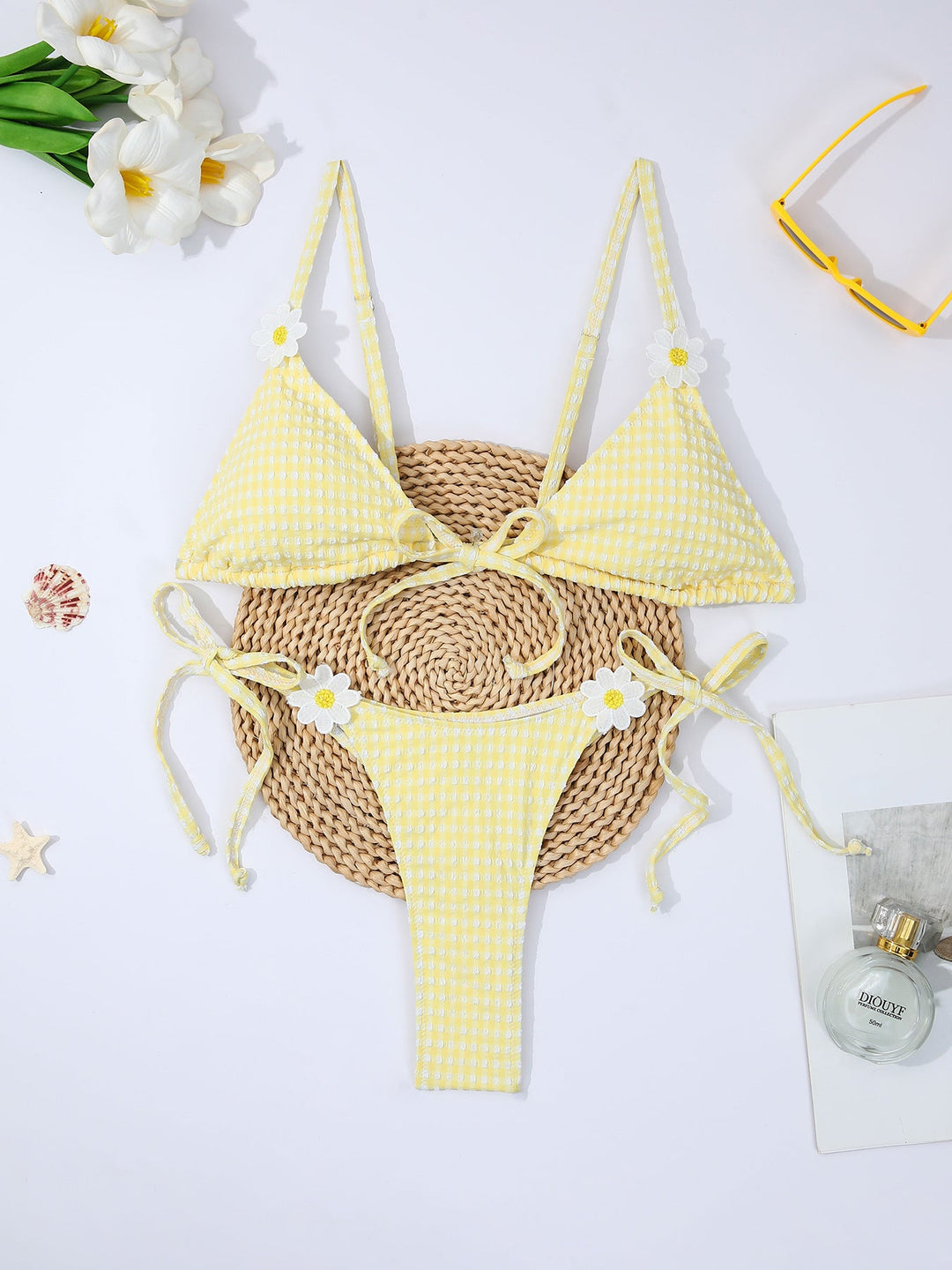 Fresh Yellow Plaid Daisy Split Bikini Swimsuit