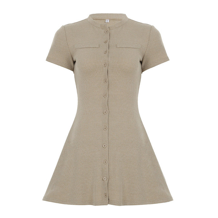 Women Clothing Solid Color Classic Knitted Dress round Neck Single Breasted Short Sleeve Waist A line Dress