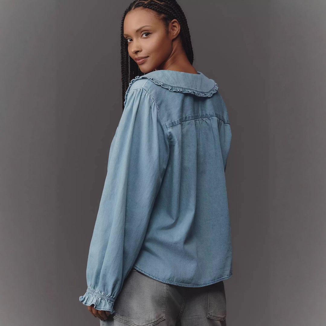 Women Spring Autumn Casual Retro Lightweight Denim Long Sleeved Shirt