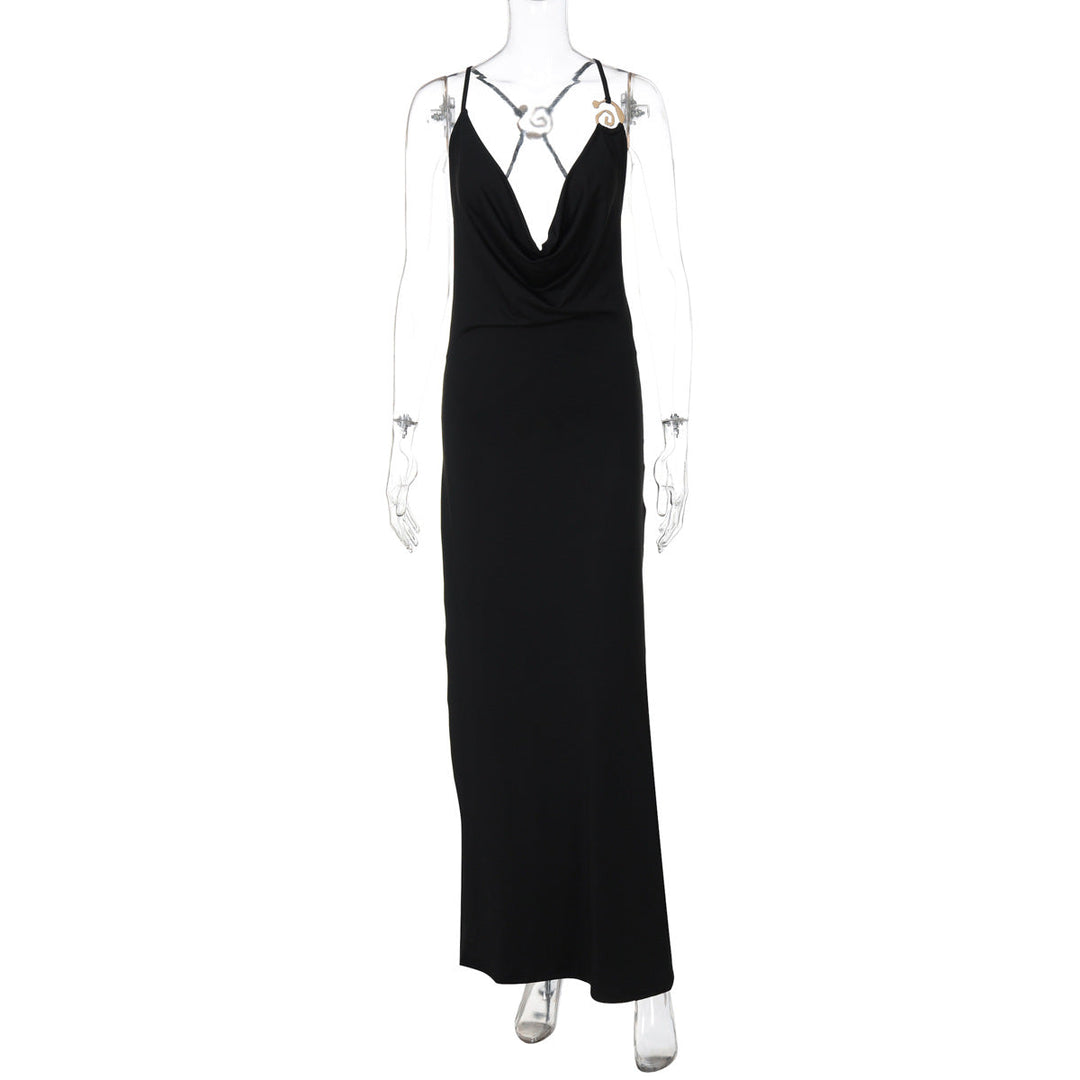 Summer Sexy Deep V Plunge neck Strap Backless Maxi Dress Solid Color Slim Fit Dress