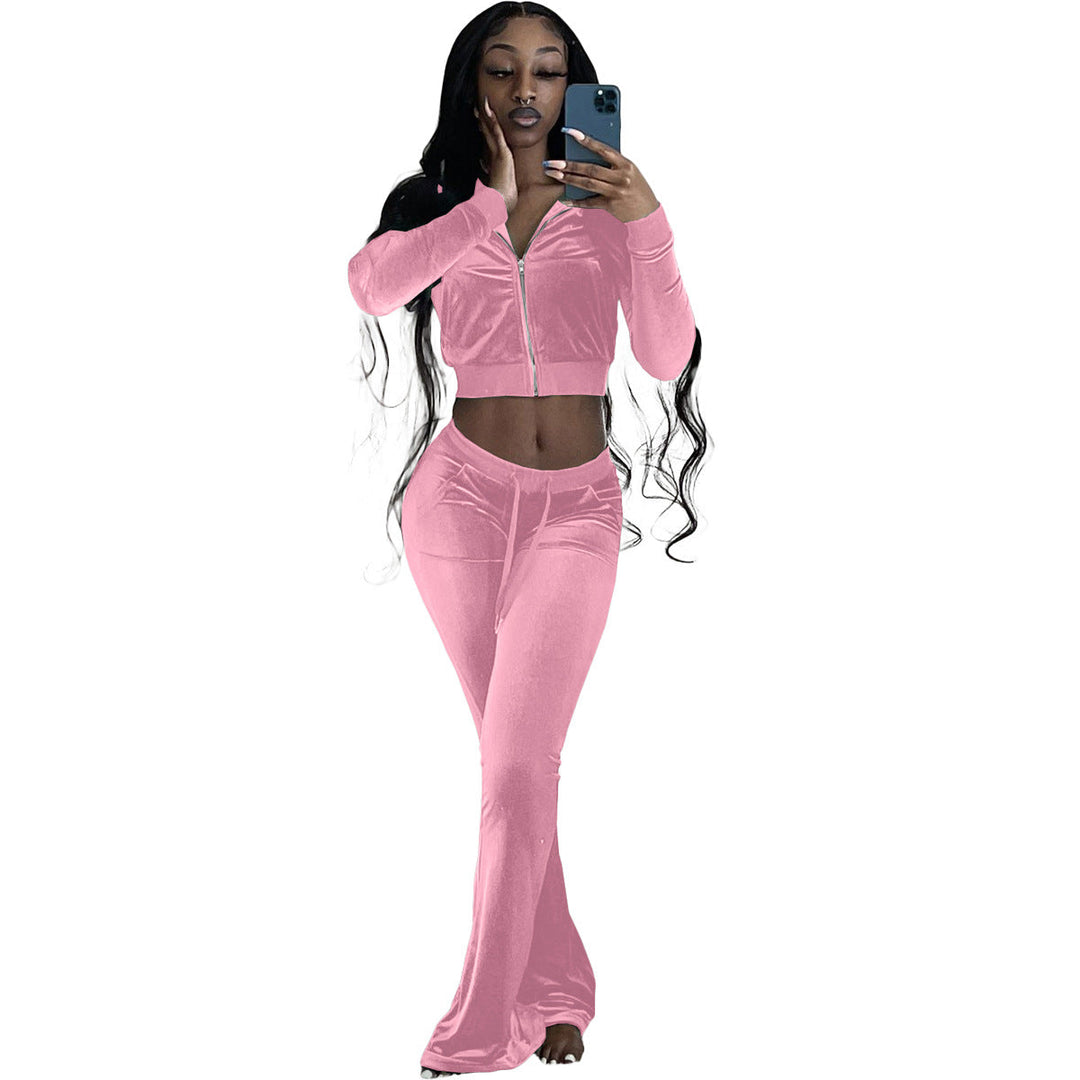 Women Clothing Two-Piece Korean Velvet Solid Color Long Sleeve Sexy cropped Casual Sports Suit