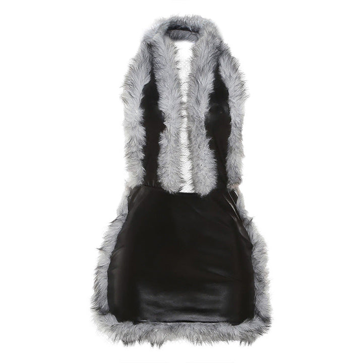 Women Clothing Autumn Winter Sexy Fur Stitching Faux Leather Halter Deep V Plunge neck Dress Women
