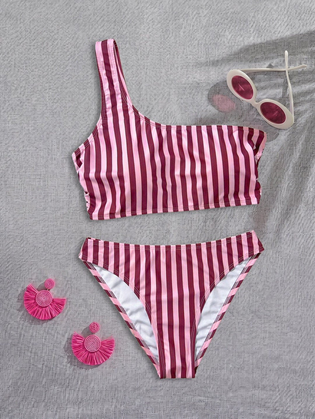 Bikini Pink Striped One Shoulder Tube Top Bikini Sexy Backless Low Waist Split Swimsuit