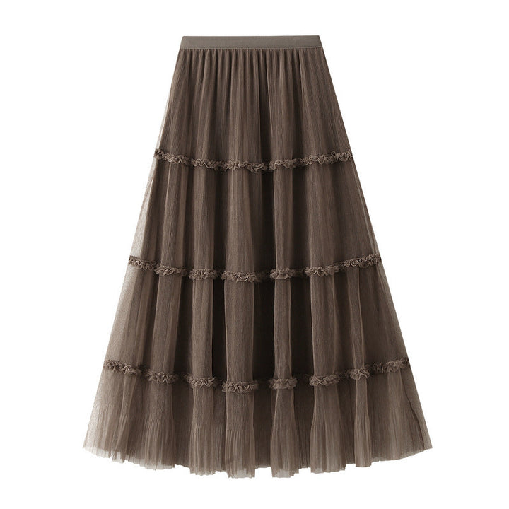 Fashionable Temperamental All Match A line Fairy Mesh Skirt for Women Autumn Large Swing Patchwork
