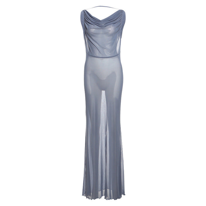 Summer Women Clothing Sexy Mesh See through Halter Backless Slim Maxi Dress