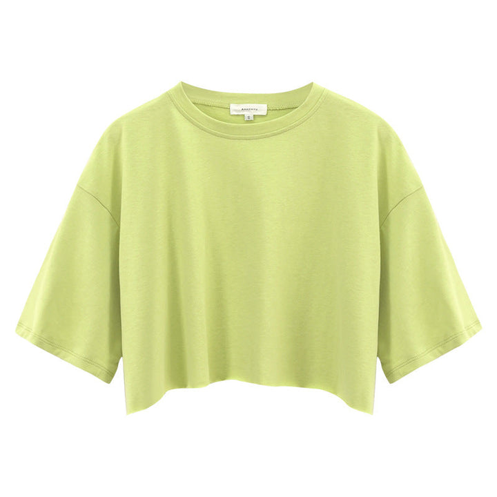 Sexy Short Sleeved T shirt Women Summer Pure Cotton Solid Color Short Cropped round Neck Sports Top