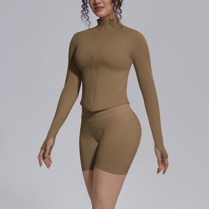 Seamless Knitted Long Sleeve Zipper Yoga Jacket Tight V Waist Yoga Shorts Fitness Yoga Wear Set for Women