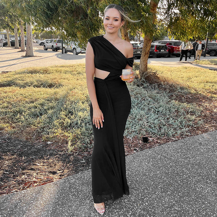 Women Clothing Spring Summer Solid Color Elegant Socialite Pleated Sexy Oblique Shoulder Dress Women
