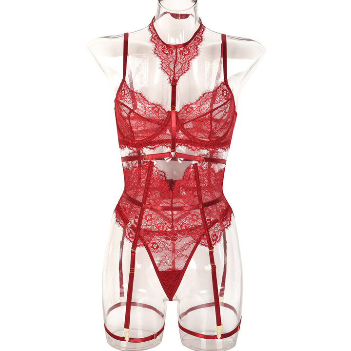 Sexy Three Piece Summer Lace Eyelash Lace Stitching with Halter Foot Ring