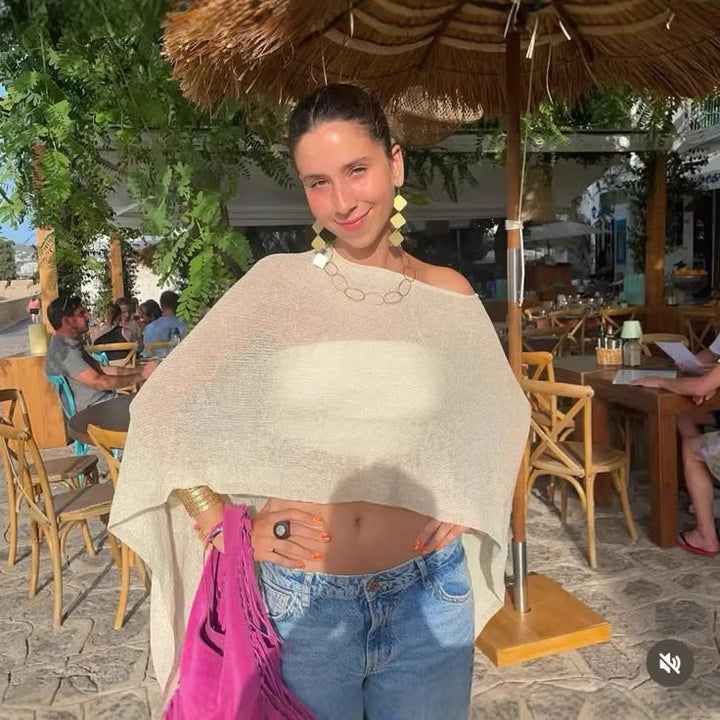 Irregular Asymmetric Hollow Out Cutout out Beach Cover up Vacation Sun Protection Shawl Thin Ice Silk Knitted Top