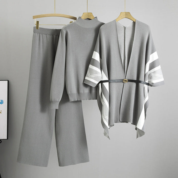 Spring Women Graceful Fashionable Knitted Shawl Cardigan Turtleneck Sweater Wide Leg Pants Three Piece Set