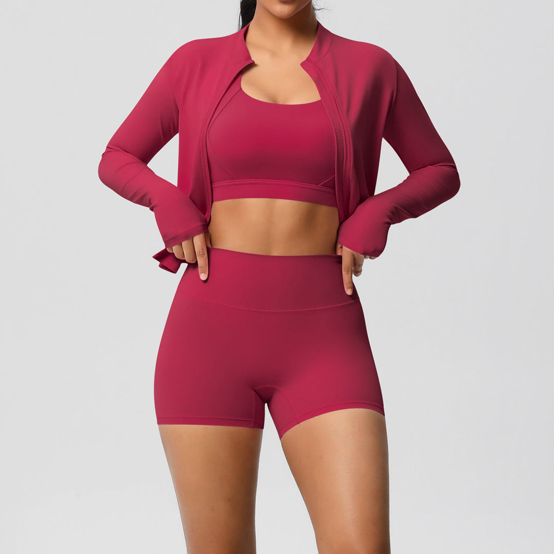 Solid Color Cloud Sense Yoga Bra Sports Coat Pilates Running Shorts Fitness Yoga Wear Three Piece Set for Women
