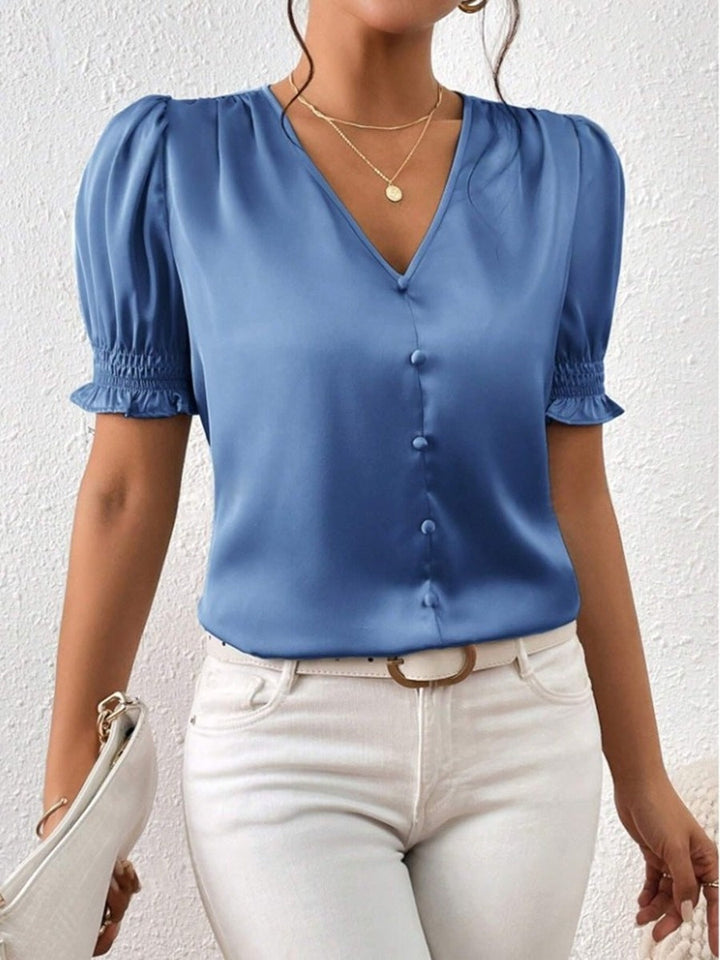 Satin V neck Buttons Shirt Spring Autumn French Casual Short Sleeve Ruffle Blouse