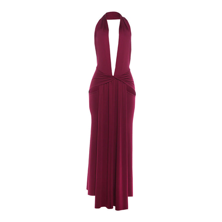 Women Clothing Sexy Halter Deep V Plunge neck Backless Split Solid Color Dress